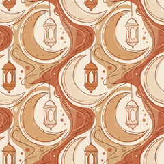 Boho style abstract Ramadan seamless pattern background, organic earth tone moon and lantern shapes, bohemian texture wallpaper.