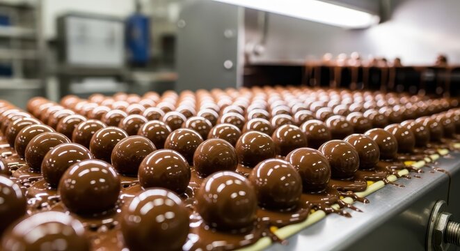Rows of glossy chocolate balls being produced on a food manufacturing conveyor belt