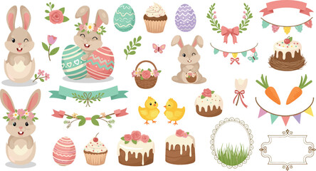Obraz premium Cute Easter bunny vector set with pastel eggs, cakes, flowers, chicks, ribbons, wreaths, and adorable rabbits for spring holiday designs