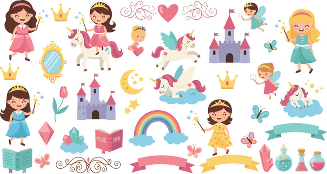 Cute princess and unicorn vector set with fairy tale castles, rainbows, magic wands, crowns, butterflies, and adorable fantasy girl characters