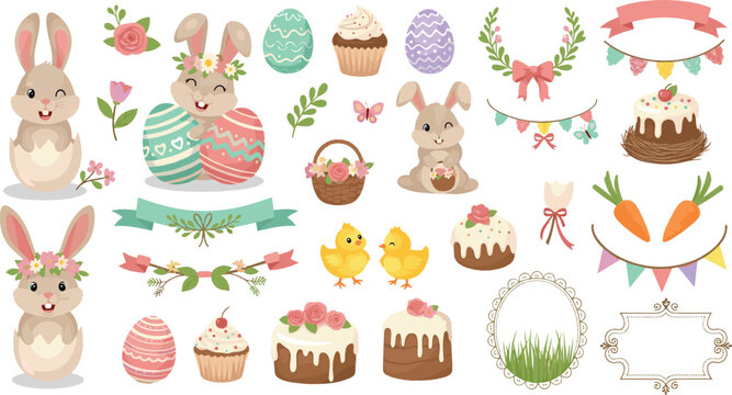 Cute Easter bunny vector set with pastel eggs, cakes, flowers, chicks, ribbons, wreaths, and adorable rabbits for spring holiday designs