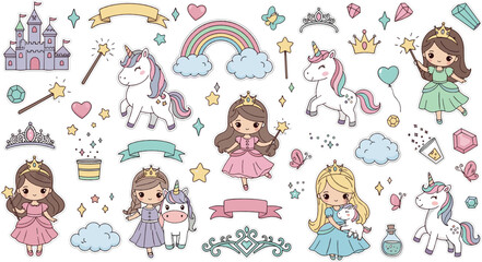 Cute princess and unicorn vector set with fairy tale castles, rainbows, magic wands, crowns, and adorable fantasy girl characters © Sanjida