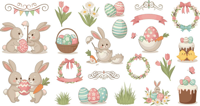 Cute Easter bunny vector set with pastel eggs, spring flowers, wreaths, baskets, and adorable rabbits for holiday decorations