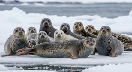 A group of seals resting on ice, with a backdrop of snowy and icy environment.
