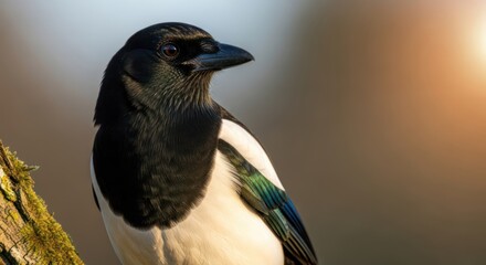 Obraz premium A magpie perched on a tree branch, with a blurred background transitioning from warm to cool tones.