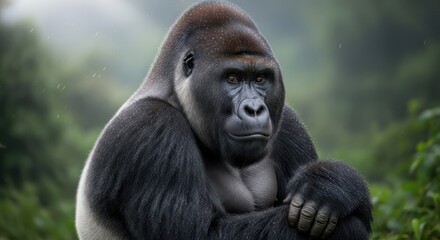 Obraz premium A gorilla in a natural, lush environment, appearing contemplative or serious.