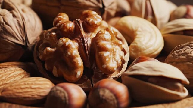 A close-up of assorted nuts in a wooden bowl, highlighting textures.
