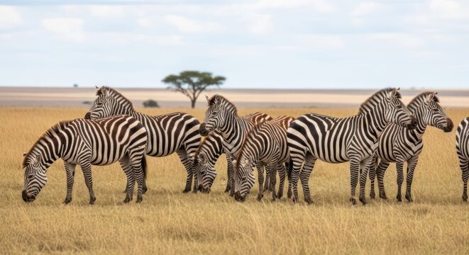 A group of zebras grazing in a savanna landscape with a solitary tree in the background.