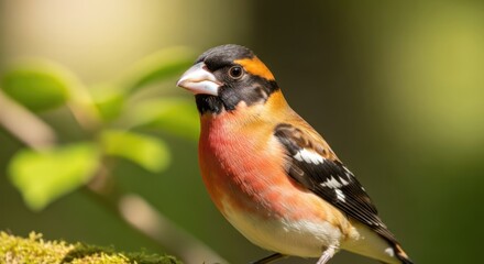 A vibrant goldfinch perched on a branch with a blurred green background, showcasing its striking plumage and alert posture.