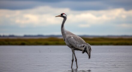 Obraz premium A solitary crane standing in shallow water, with a cloudy sky in the background.