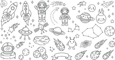 Black and white space doodle vector set with astronauts, rockets, planets, comets, UFOs, stars, and cosmic cartoon coloring illustration