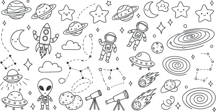 Black and white space doodle vector set with astronauts, rockets, planets, UFOs, stars, telescopes, and cosmic cartoon elements coloring illustration