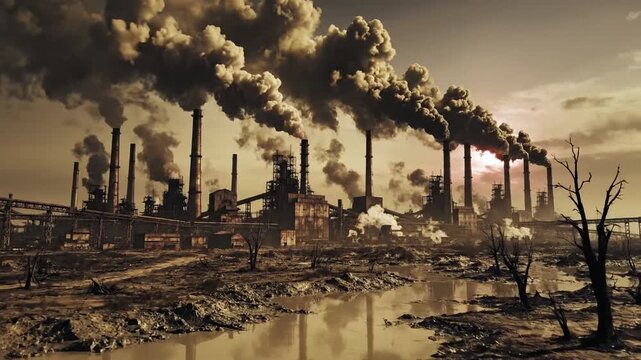 Polluted industrial landscape with smokestacks belching dark fumes over muddy water, bleak.ash-gray