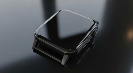 Sleek black smartwatch with a reflective surface on dark background for technology designs