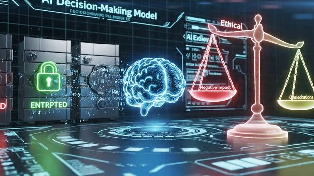 AI decision making model ethical balance with digital brain hologram and cyber lock symbolizing security technology and encrypted data protection in futuristic interface
