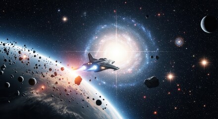Naklejka premium Spaceship traveling amidst space rocks, planets and stunning galactic nebula background