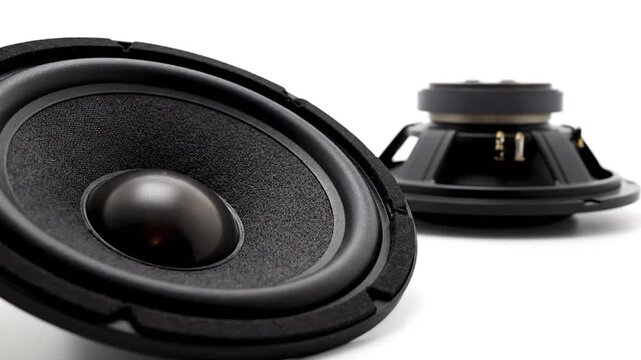 Close-up of two black audio speaker cones on a white background