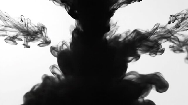 Swirling black ink dissolves in water, creating abstract cloudy shapes