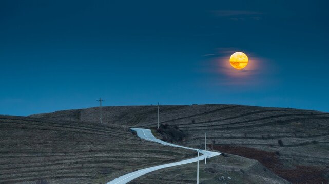 Serene Moonrise Over Winding Rural Road
