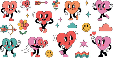 Cute cartoon heart character vector set with funny expressions, love gestures, stars, flowers, and playful romantic kawaii illustrations