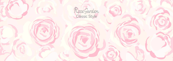 やさしいピンク色のバラがぎっしり詰まった横長ベクターイラスト