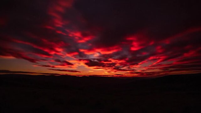 Fiery sunset paints dramatic clouds above silhouetted rolling hills and grass