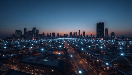 Fototapeta premium Futuristic Smart City IoT Integration Glowing Data Network Connecting Urban Infrastructure at Dusk
