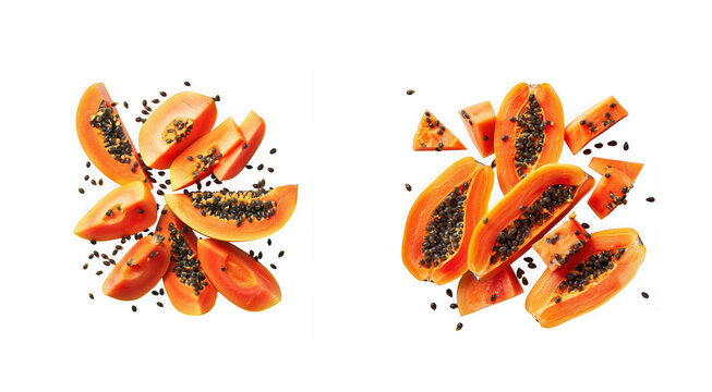 Sliced papaya pieces scattered in a dynamic arrangement ideal for food design on transparent background