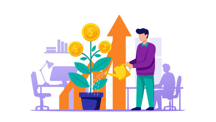 Obraz premium Vector illustration of a man holding a coin near a growing plant with coins, symbolizing financial growth in a modern office environment from a straightforward viewpoint
