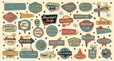 Retro vintage roadside sign vector collection with motel, diner, bar, arcade, bowling, and classic Americana neon badge illustrations © Sanjida