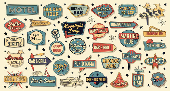 Retro vintage roadside sign vector collection with motel, diner, bar, arcade, bowling, and classic Americana neon badge illustrations