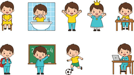 Fototapeta premium Boy daily routine activities cartoon vector set showing hygiene, school, study and play moments