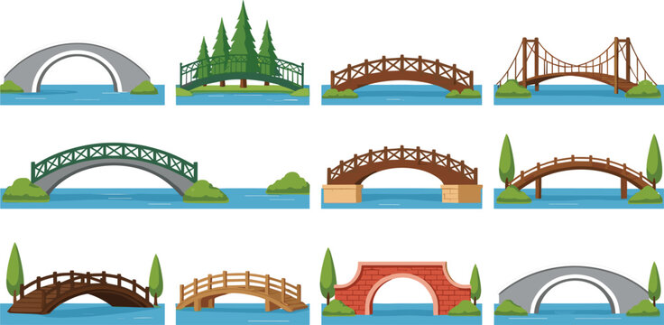 Bridge types over river vector set with wooden, stone and arch bridge designs