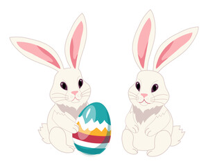 Obraz premium Two white rabbits, one with an Easter egg