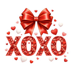 Valentine's day xoxo with red bow isolated on transparent background