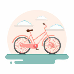 Fototapeta premium Charming pink bicycle illustration with clouds and water splashes, perfect for depicting outdoor activities and healthy lifestyle themes