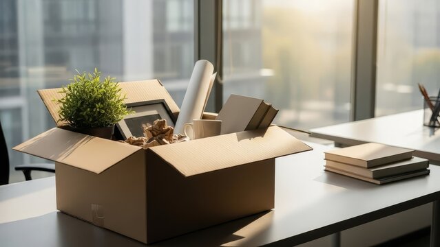Office relocation cardboard box with personal belongings plant mug and documents on modern workplace desk during corporate moving day