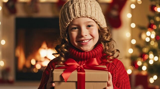 Smiling Child with Christmas Gift - A cute curly-haired child smiles while holding a cardboard gift box with a red ribbon.