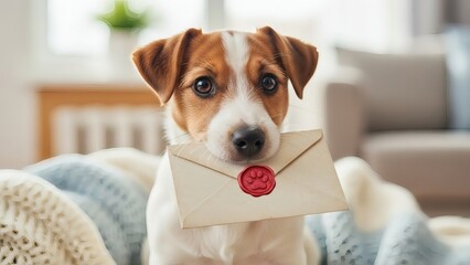 Adorable Dog Holding Envelope with Red Seal.