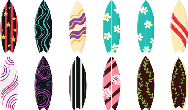 Colorful surfboard vector set with decorative patterns, stripes, florals, and abstract designs, tropical beach summer sports illustration