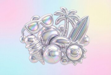 Obraz premium Iridescent summer elements including sunglasses, palm tree, surfboard, and playful smiley sun arranged in a vibrant display evoking joy and whimsy in a dreamy pastel setting