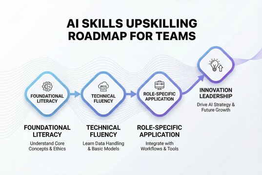 Comprehensive AI Skills Upskilling Roadmap for Teams Emphasizing Foundational Literacy Technical Fluency Role Specific Application and Innovation Leadership