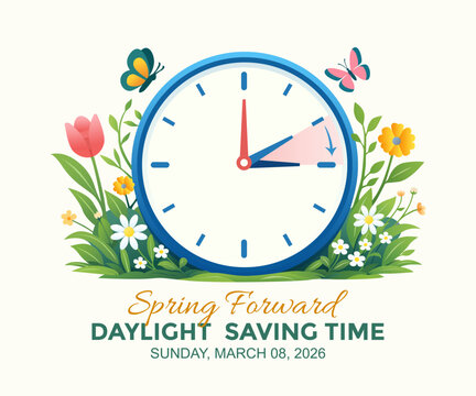 Daylight Saving Time banner. The clock turns one hour on March 8, 2026. Spring forward concept banner with floral elements. Vector illustration.