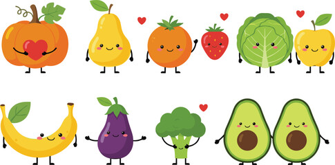 Cute kawaii fruit and vegetable cartoon characters vector set with smiling faces and playful emotions