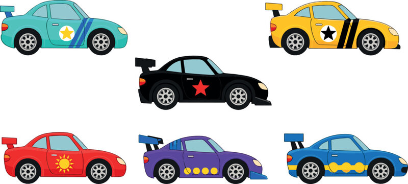 Colorful racing car vector set with sporty cartoon vehicles, star decals, spoilers, and fun toy-style cars for kids illustration