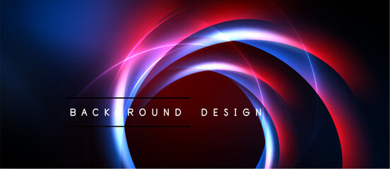 Fototapeta na wymiar Abstract neon circles overlap dark background. Vibrant blue, red hues create dynamic visual effect. Text reads background design.