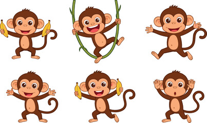 Cute monkey character vector set with bananas and playful poses, funny cartoon jungle animals, cheerful kids illustration collection © Sanjida
