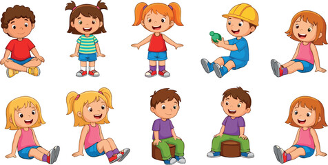 Cute kids sitting and playing vector set with happy boys and girls in casual outfits, colorful cartoon children illustration for education