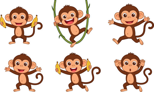 Cute monkey character vector set with bananas and playful poses, funny cartoon jungle animals, cheerful kids illustration collection