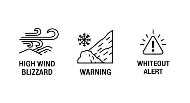 Winter weather alert icons: high wind, blizzard, whiteout. Meteorological symbols for severe snow and wind conditions.